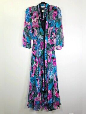 VINTAGE 80's DIANE FREIS SILK FLORAL BEADED SEQUINED SMOCKED BOHO DRESS